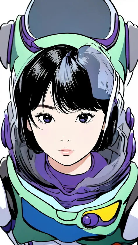 buzz lightyear、woman、black hair、short hair、upper body、simple background、close-up of face、