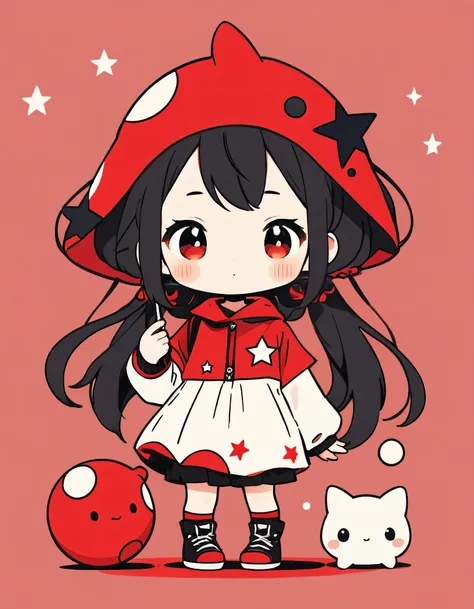 Black Star Red and White style, Simple Line Initialism，Abstract art，Kawaii Design, The most beautiful girl of all time、chibi, Colorful and cute balls