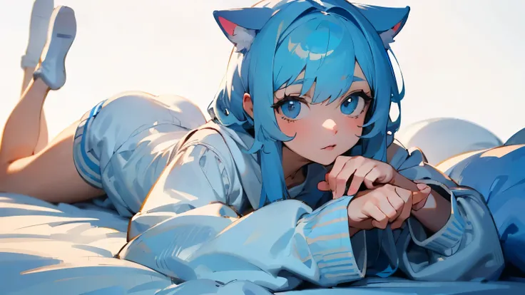 ((Best quality)), ((masterpiece)), (detailed), 1 anime girl, light blue hair, light blue eyes, lying in bed, white sweatshirt, lying on his stomach, looks at the camera, White background, perfect hands, cat&#39;s ears. stockings, long hair. perfect legs
