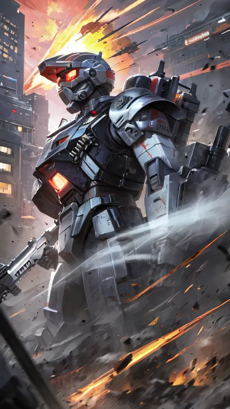 最high quality、Best image quality、masterpiece、Giant Mecha((humanoid、Railgun、Bulletproof vest、Jetpack、Red visor、Run、Chainsaw,Covered in scars,gas mask、Black color、Fighting Pose)）high quality、Beautiful art、background((City、explosion、Smokescreen)),Tabletop、Exq...