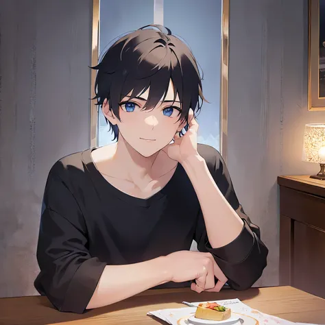 (25-year-old male:1.5) and (Black short hair) and (blue eyes)
(white) and (T-Shirts),(looking at viewer:1.5),upper body、head rest、
shiny skin, masterpiece、Highest quality、
smile、(The background is the dining room at night:1.5)、(Alone:1.5)