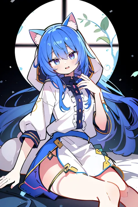 （masterpiece：1.2），Super detailed，lifelike，Expressive eyes，fair skin，perfect face shape，1 girl，
Japanese comics,Gorgeous blue hair,flowing blue hair,flowing clothes,Cat ears,Petals fall,beautiful lola,Baby Angel,
Shaking head with one hand，Cross your legs，G...