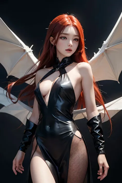  ((Highest quality)), ((masterpiece)), (detailed),  
View your viewers, Cowboy Shot, 
woman、Pale skin、It has small fangs、Slim body、Very large breasts、Red Eyes、Very long red hair、Hair is smooth、Two bat wings growing from the shoulder blades on his back、Floa...