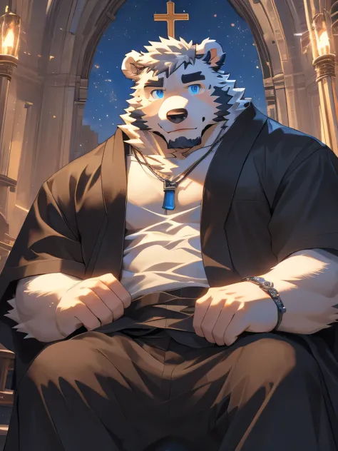 1boy, male focus,furry,polar bear,white fur,bear ear,bear tail,muscular,Best quality,masterpiece, ultra high res,cozy anime, detailed background, game_cg, male focus, bara,blue eyes,looking at viewer,detailed eyes,sparkling eyes,black robe,:),church,neckla...