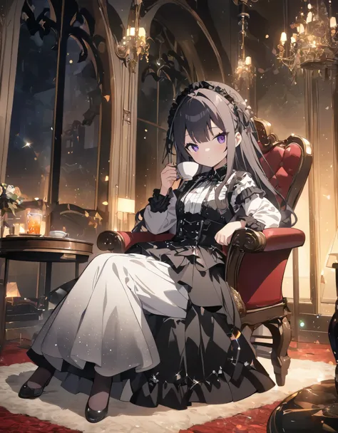 (anime style:1.4),超High resolution, Attention to detail, high quality, High resolution, 最high quality, 4K, 8K、Bokeh, background, glitter,f/28mm、A room filled with light、Gothic dresses、Gothic room、Sitting in a chair drinking tea、Lady