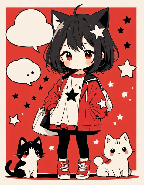 Black Star Red and White style, Simple Line Initialism，Abstract art，Kawaii Design, The most beautiful girl of all time、chibi, cute kittens