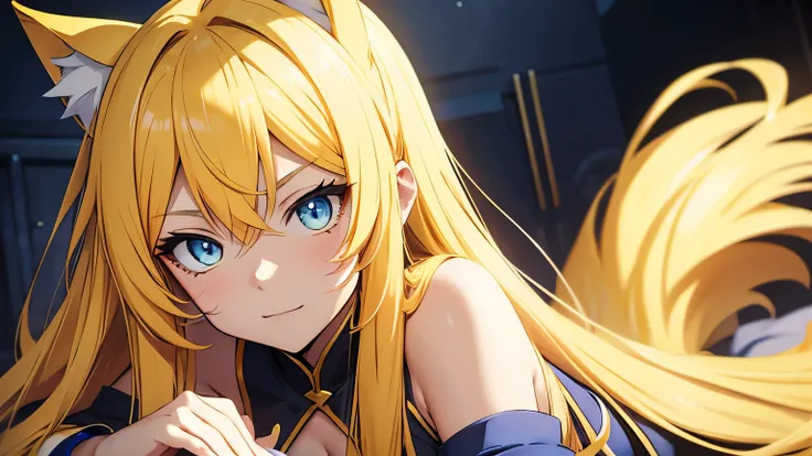 Anime cat girl with yellow ears, long yellow hair, blue eyes, sexy