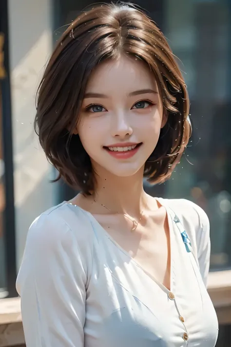 ((masterpiece)), ((Highest quality)), ((Complex)), ((Surreal)), (Realistic), (Mature Woman), ((There are no classes)), Very detailed, (1 female), Beautiful and exquisite, (Beautiful Teeth), Grin, Brunette Bob Hair, Brown eyes, ((blouse)), (Upper Body), (ba...