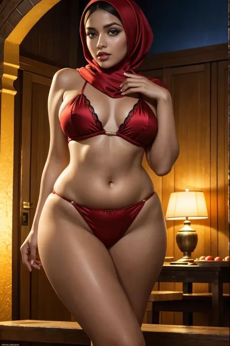 (best quality,4k,highres,masterpiece:1.2),ultra-detailed,realistic,portrait,studio lighting,vivid colors,silk hijab,crimson red bikini,stockings,7-inch high heels,makeup,glossy lips,voluptuous breasts,polished nails,tattoo under her belly button,dark eyes,...