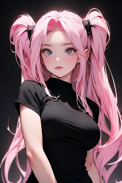 ((upper body photo))、cute face、pink hair、long hair、twin tails、white skin、((shooting from the front:1.5 ))、((tight black t-shirt:...