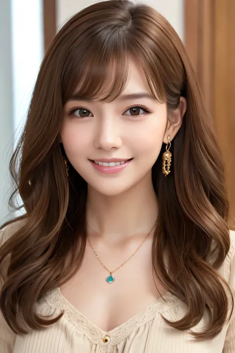 young woman、Light brown hair、、Curly Hair、ear piercing、Necklace around the neck、blouse、Emphasize the chest、smile、Intricate details, Very detailed:1.2), 、 Looking into the camera,The background is the office

