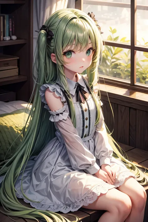 Long green hair，green eyes，loli，little girl，dress