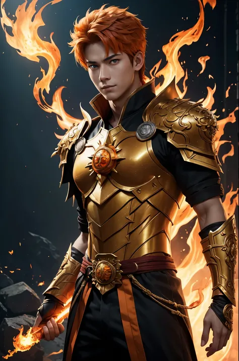 8K,A very young boy, the God of Fire, clothed in the energy of a 16-year-old.,Super handsome(Like the real thing),He looks at the audience with a fearless smile.,Orange Hair,Orange Flame Armor(Fire God Crest),Orange Flame Gauntlet(Fire God Crest),Orange Fl...