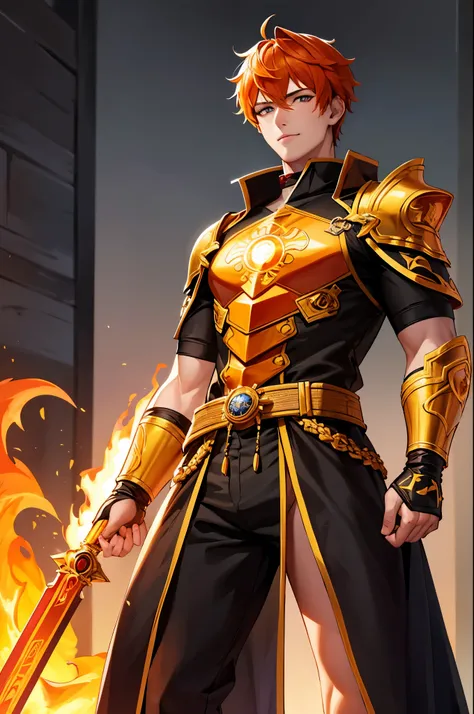 8K,A very young boy, the God of Fire, clothed in the energy of a 16-year-old.,Super handsome(Like the real thing),He looks at the audience with a fearless smile.,Orange Hair,Orange Flame Armor(Fire God Crest),Orange Flame Gauntlet(Fire God Crest),Orange Fl...