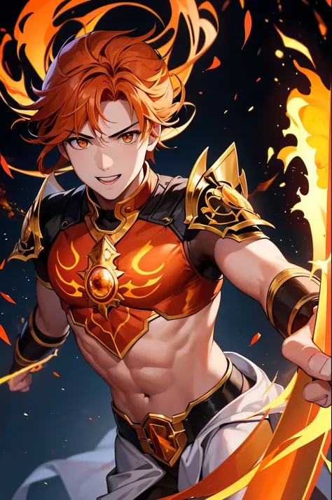 8K,A very young boy, the God of Fire, clothed in the energy of a 16-year-old.,Super handsome(Like the real thing),He looks at the audience with a fearless smile.,Orange Hair,Orange Flame Armor(Fire God Crest),Orange Flame Gauntlet(Fire God Crest),Orange Fl...