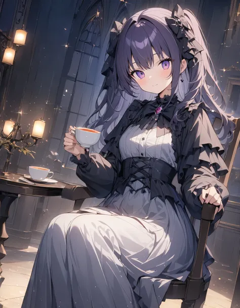 anime style:1.4),超High resolution, Attention to detail, high quality, High resolution, 最high quality, 4K, 8K、bokeh, background, glitter,f/28mm、A room filled with light、Gothic dresses、Gothic room、Sitting in a chair drinking tea、Lady、(Purple Hair:0.5)