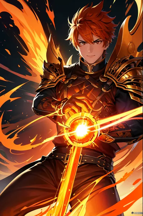 8K,A very young boy, the God of Fire, clothed in the energy of a 16-year-old.,Super handsome(Like the real thing),He looks at the audience with a fearless smile.,Orange Hair,Orange Flame Armor(Fire God Crest),Orange Flame Gauntlet(Fire God Crest),Orange Fl...