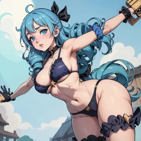 Bikini jaune, épais,cuisses larges,gros cul, poste de missionnaire, Seins écartés, position cowgirl, allongé sur un lit, position TWERK, aux seins nus, vraiment gros boobasterpiece), anime girl avec de gros seins, jolie fille anime, [ Art numérique 4 km ]!...