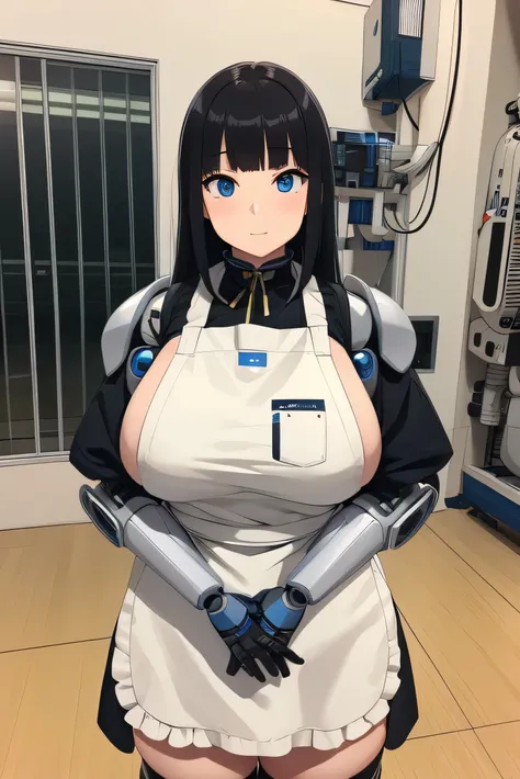 masterpiece, best quality, extremely detailed, Japaese android girl,Plump , hug,control panels,android,Droid,Mechanical Hand, Robot arms and legs, Black hair,Blunt bangs,perfect robot girl,long tube,thick cable connected her neck,apron,android,robot,humano...