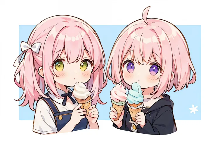 2 people, 2 girls. 1 pink hair, 2 yellow hairs. eat ice cream
