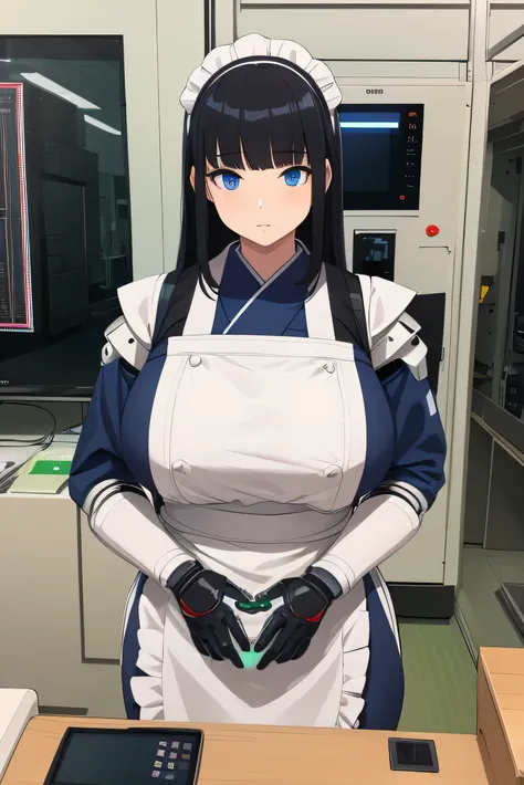 masterpiece, best quality, extremely detailed, Japaese android girl,Plump , hug,control panels,android,Droid,Mechanical Hand, Robot arms and legs, Black hair,Blunt bangs,perfect robot girl,long tube,thick cable connected her neck,apron,android,robot,humano...