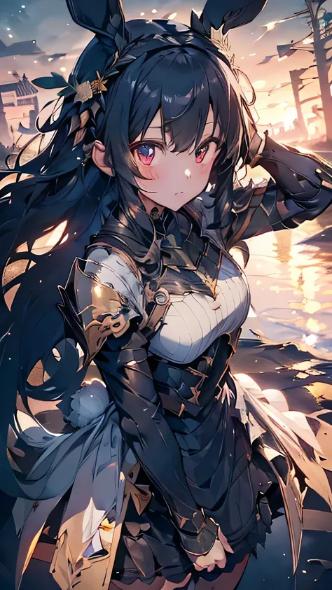 black hair, hair behind ear, head wreath, rabbit ears, anime, sparkle, super detail, high details, ((detailed face)), detailed eyes, textured skin, ((masterpiece)), ((accurate)), high quality, highres, best quality, 8k, Knight in steel armor, Gained milita...