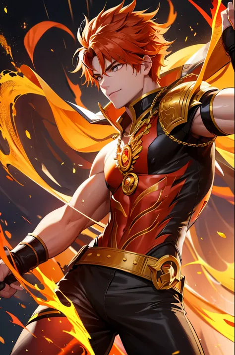 8K,A very young boy, the God of Fire, clothed in the energy of a 16-year-old.,Super handsome(Like the real thing),He looks at the audience with a fearless smile.,Orange Hair,Orange Flame Armor(Fire God Crest),Orange Flame Gauntlet(Fire God Crest),Orange Fl...