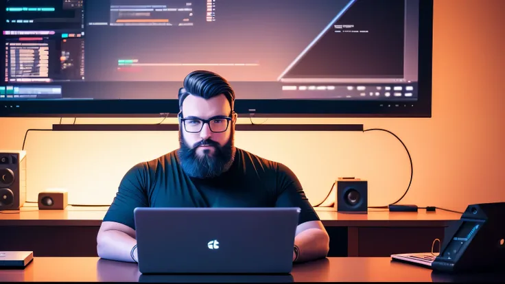 max , a macho big geek , with a hipo beard sitting at a table with a laptop and a microphone, unsplash, realism, , in a streamer studio room, neon ambiance , looking to camera, portrait shot 8 k, photo portrait, looking towards the camera , ultra detail, h...