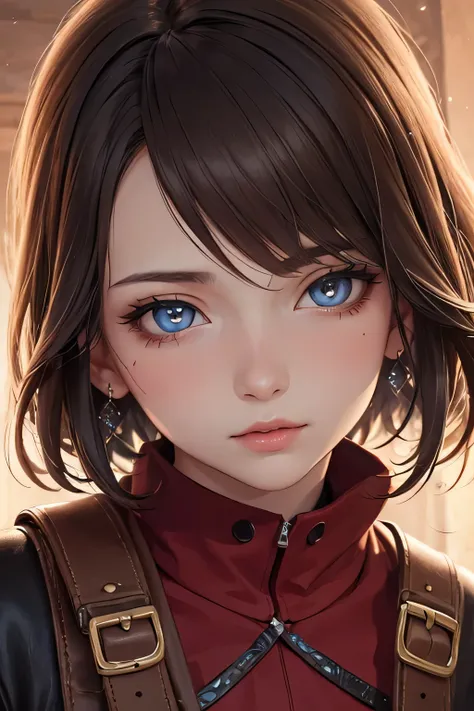 ((best quality)), ((masterpiece)), (detailed), 1girl, A young girl of 14 years old, normal breasts, Brown hair, Green eyes, Short hair, Red raincoat, Dark brown linen shirt, Small belt bag attached to the belt and shoulder, Black pants, Leather gloves. RPG...