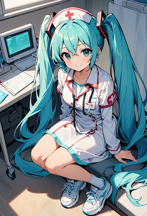 hatsune miku, One Girl, Aqua Eye, Aqua Hair, bangs, whole body, Hair between the eyes, Long Hair, Long sleeve, shoes, sneakers, shoes下, Twin tails, very Long Hair, (smile:1.1), alone, Nurse uniform, Nurse cap, hospital, Stethoscope, White Partition, hospit...