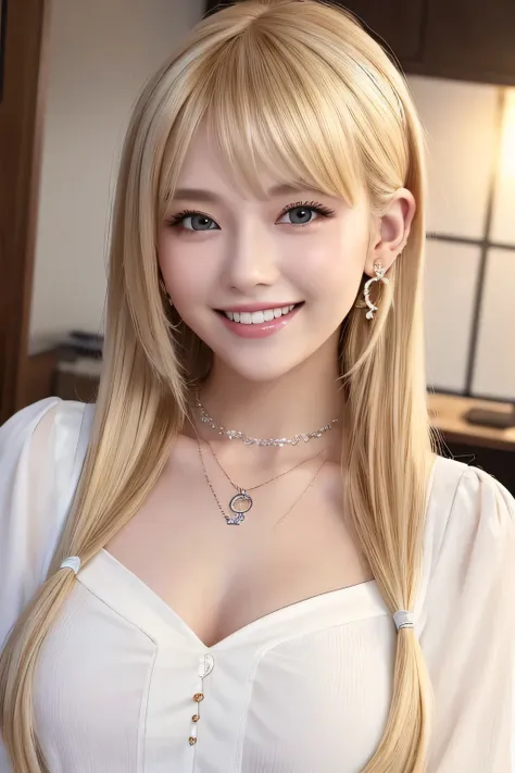 young woman、Blonde、hairstyle semi long、ear piercing、Necklace around the neck、blouse、Emphasize the chest、smile、Beautiful teeth alignment、Intricate details, Very detailed:1.2), 、hair band、 Looking into the camera、The background is the office

