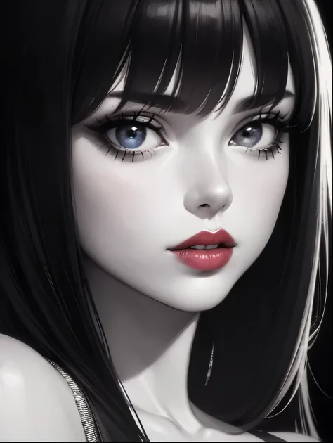 Beautiful woman paints her lips with lipstick. Beautiful woman face, Fine details, high quality, high quality. Vivid and True Colors  ,Monochrome,noir art