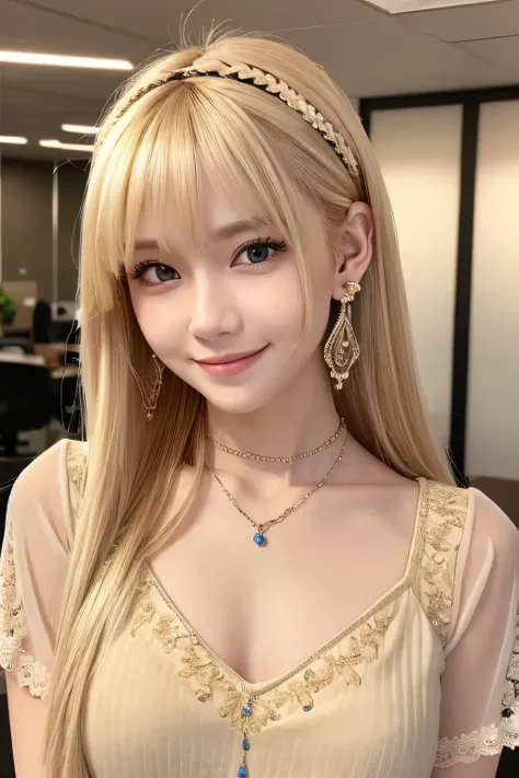 young woman、Blonde、hairstyle semi long、ear piercing、Necklace around the neck、blouse、Emphasize the chest、smile、Intricate details, Very detailed:1.2), 、hair band、 Looking into the camera、The background is the office

