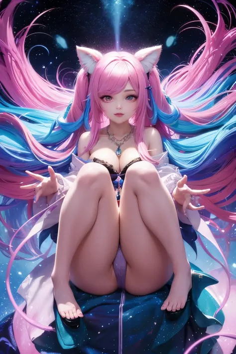 Close-up of a woman with rich and colorful hair and necklace, Cosmic hair anime girl, The soft vibrancy of Rossdraws, Gurwitz style artwork, Fantasy art style, rich and colorful], Vibrant fantasy style, Rossdraws cartoon full of energy, cosmic and rich and...