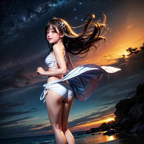 ((ExtremelyDetailed ( KAWAII Girl Floating:1.37) in WHITE at Dusk Enoshima Beach)), (masterpiece 8K TopQuality) (ProfessionalPhoto:1.37), {(Standing Full Body:1.2)|(from below:1.2)}, Different types of hair colors, {(White skinny(School Swimwear))|(SchoolU...