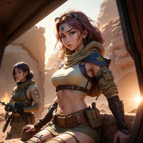 desert tank, With young beautiful female nomad commander、Lens flare, 