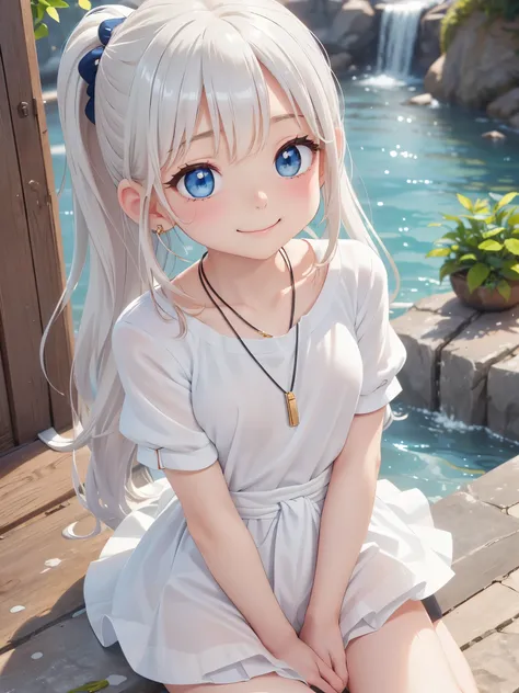 thin and soft hair、Dynamic、Earrings、necklace、Beautiful glowing white skin,、 bright, Refreshing and gentle look, Perfect beautiful pretty face, Shiny platinum blonde straight long hair reaching down to her waist, Beautiful shiny bangs, ((Very beautiful and ...