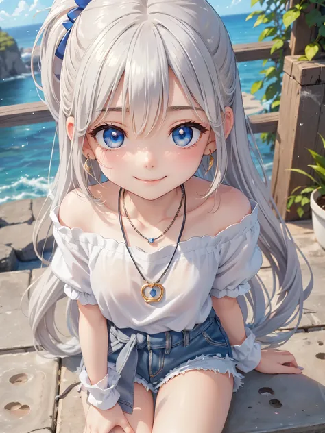 thin and soft hair、Dynamic、Earrings、necklace、Beautiful glowing white skin,、 bright, Refreshing and gentle look, Perfect beautiful pretty face, Shiny platinum blonde straight long hair reaching down to her waist, Beautiful shiny bangs, ((Very beautiful and ...