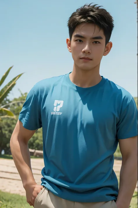 A handsome, muscular young Asian man looks at the camera. In a simple blue t-shirt , Fieldside, grass, beach, sunlight
