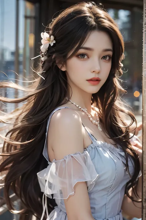 sweet girl clothes 2,pearl necklace,blue dress,flower,fashion girl, red lips, mature woman, assembly, big eyes. pretty eyes, ((random shooting angle)), (best quality, masterpiece:1.2), very detailed, (realistic:1.37), beautiful, young, glamorous model (det...
