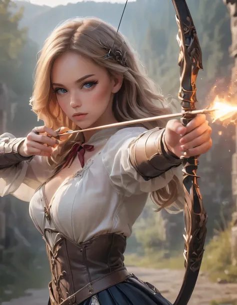 Woman shooting a bow, Large Bow and Arrow, Take aim, longbow , Aiming with a bow, Delicate expression, Perfect hands(Five fingers), Beautiful Hair, Shiny Hair, Beautiful Skin, Detailed face and eyes, Glossy Lips, Medieval Fantasy, Dramatic lighting, Film c...