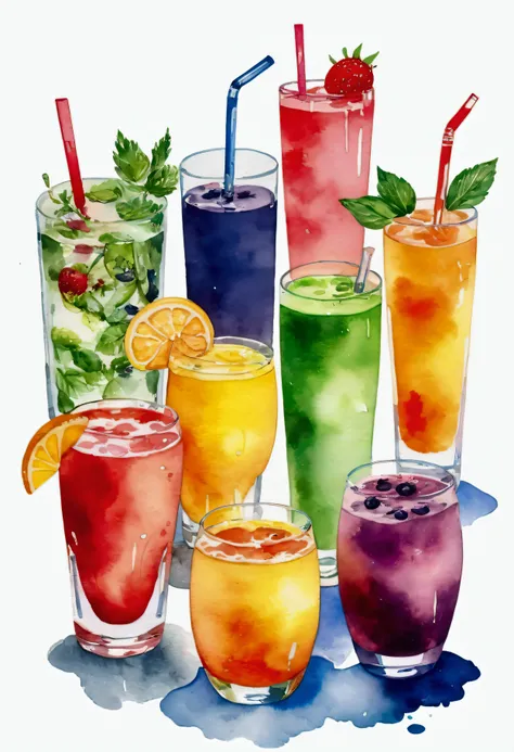there are many types of colorful healthy drinks served in glasses, the glasses sitting on a surface, juices, smoothie and infused water , illustration, isolated with solid white background, surrounded with negative space, centered composition, highest deta...
