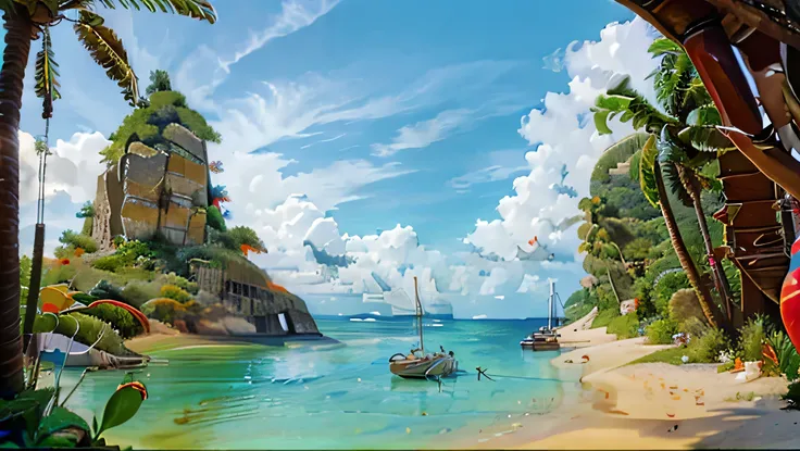 plan large, photo magnifique dun ile tropicale dans le styles des iles vierges ou des iles en thailande, fullhd, 4K, réalisme, ciel magnifique avec quelques gros nuages, des bananiers, des palmers, mer calme, mer translucide, on devine de jolis poissons or...