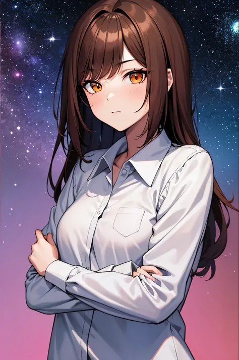 girl, Brown Hair, Orange eyes, Arms crossed, In the middle of the universe, ((Anime Style)), White shirt, Soft colors, Colorful background, Space Background, Soft Strokes