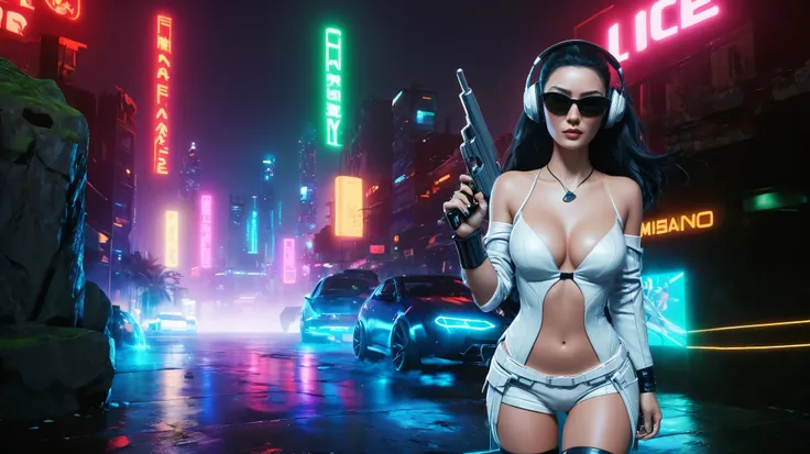 At night, dark sky, distant shot aerial view of fantasy cyberpunk style ice ((Moai-statue)) city, ((flying car)). ((1girl, solo, alone)), medium-breast:1.1 slim body, cleavage, sexy clothes, (headphone, black sunglasses, long black realistic hair), (((hip-...