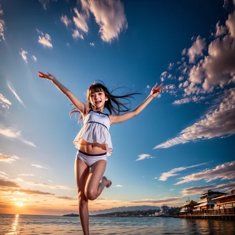 ((ExtremelyDetailed ( KAWAII Girl Floating in the Air:1.37) in WHITE at Dusk Enoshima Beach)), (masterpiece 8K TopQuality) (ProfessionalPhoto:1.37), {(Standing Full Body:1.2)|(from below:1.2)}, Different types of hair colors, {(White skinny(School Swimwear...