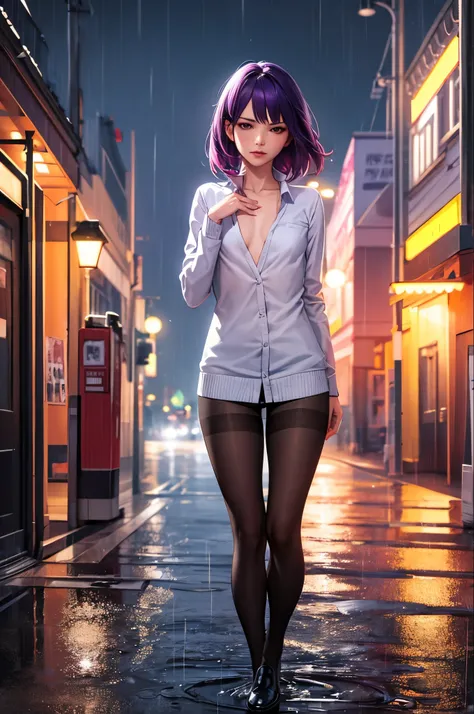 (One girl), masterpiece, photoRealistic, 8K, (Realistic: 1.2), whole body, View your viewers, pantyhose, Purple Hair, (Kafka: 1.2), walking, beauty, (Medium chest: 1.2) night, night sky, city, cityscape, rain, (dramatic: 1.2)