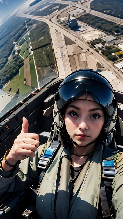 yomama_fighter_jet_pilot_selfie_v2、22 years old、woman、pilotスーツ、thumbs up