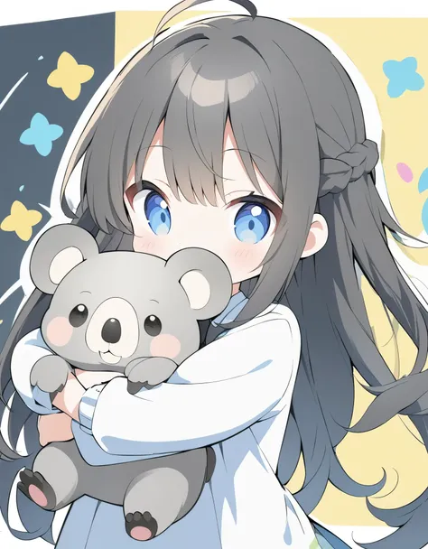 (Anime Style:1.4),(Colored pencil style),A soft touch to painting、超High resolution, Attention to detail, high quality, High resolution, 最high quality, 4K, 8K,Girl hugging a koala、Pop Background、cute