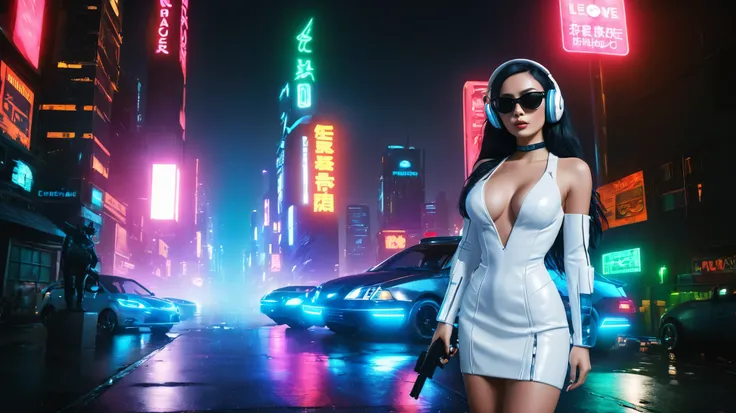 At night, dark sky, distant shot aerial view of fantasy cyberpunk style ice ((Moai-statue)) city, ((flying car)). ((1girl, solo, alone)), medium-breast:1.1 slim body, cleavage, sexy clothes, (headphone, black sunglasses, long black realistic hair), (((hip-...